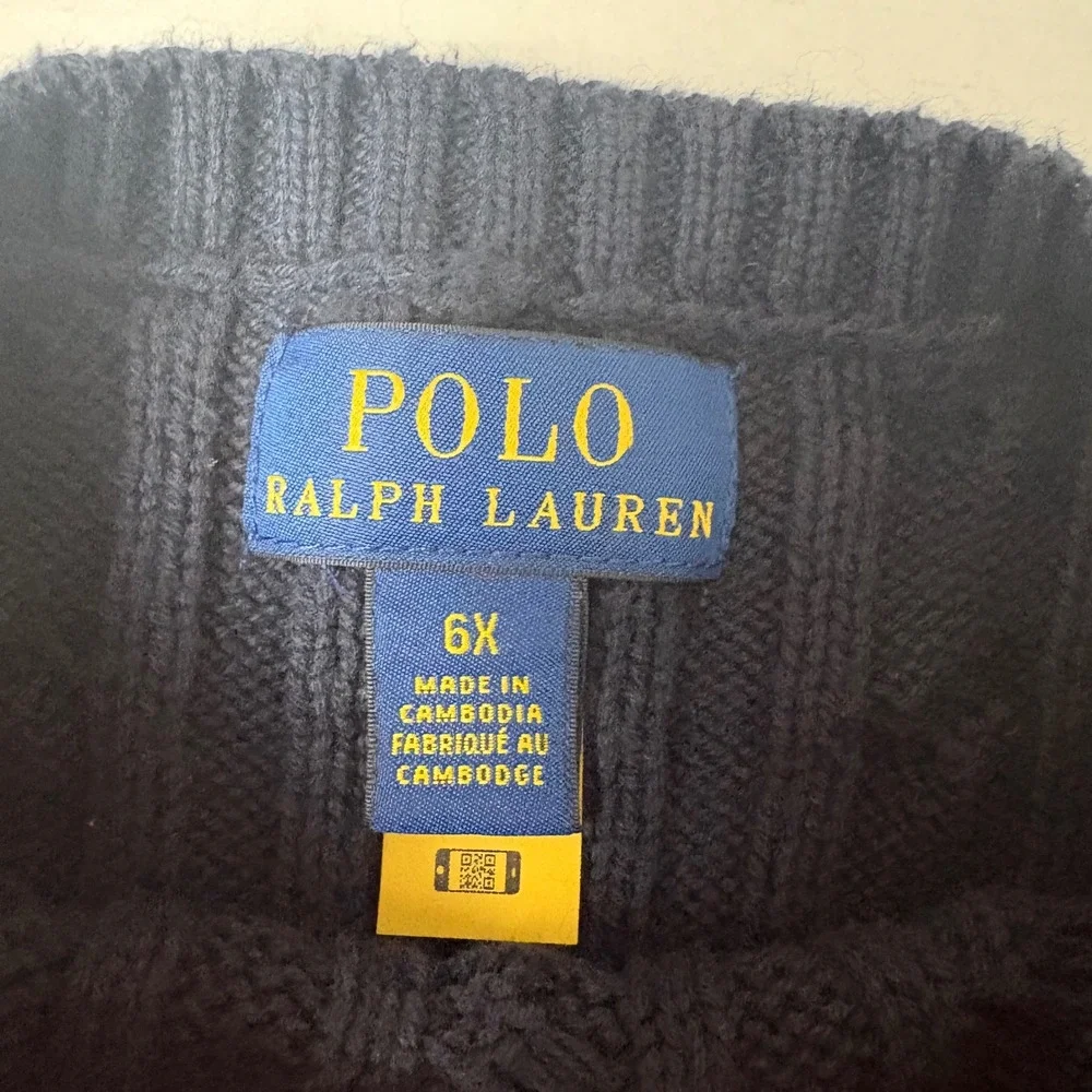 Polo Ralph Lauren Cable Knit Sweater Girls 6X Navy Blue Pink Pony Preppy